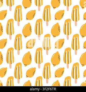 Bright Seamless Lemon Pattern with Citrus Fruits and Popsicles Stock Vector