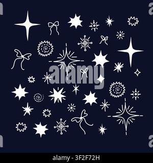 Christmas Star Isolated Elements Set with Festive Doodle Bows Celestial Holiday Clipart Design Stock Vector