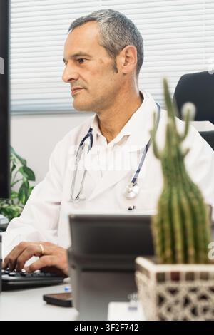 Profile portrait of a male doctor working at a computer in his medical office, with stethoscope, cactus foreground and a focused expression. Stock Photo