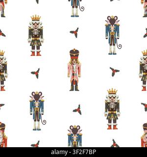 Christmas Nutcracker Seamless Pattern with Ballet Dancers Mouse King Drums Candy Canes Holiday Stock Vector
