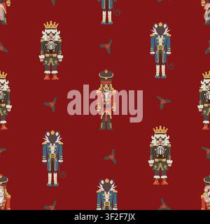 Christmas Nutcracker Seamless Pattern with Ballet Dancers Mouse King Drums Candy Canes Holiday Stock Vector