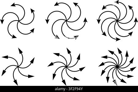 Radial spiral arrow icons set. Line centrifuge concentric arrows. Motion spin swirl lines. Expand burst icon. Vector illustrations isolated on white Stock Vector
