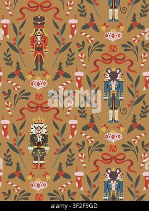 Christmas Nutcracker Seamless Pattern with Ballet Dancers Mouse King Drums Candy Canes Holiday Stock Vector