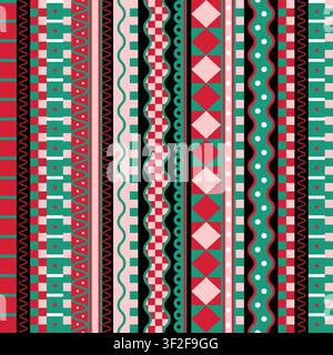 Christmas Border Seamless Pattern with Geometric Stripes Waves Stars Checks and Holiday Trims Stock Vector