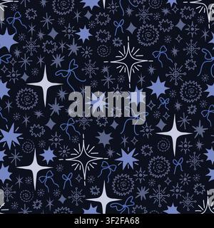 Christmas Star Seamless Pattern with Festive Doodle Bursts Bows and Celestial Holiday Background Stock Vector