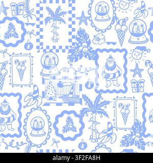 Christmas Tropical Graphic Seamless Pattern with Summer Holiday Frames Santa Palm and Ornaments Stock Vector