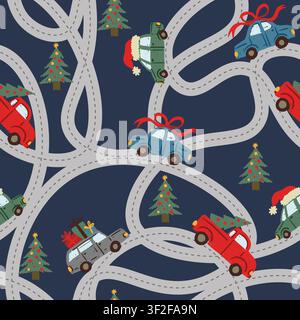 Christmas Cars Isolated Style Pattern with Holiday Vehicles Trees Gifts and Winter Decor Stock Vector