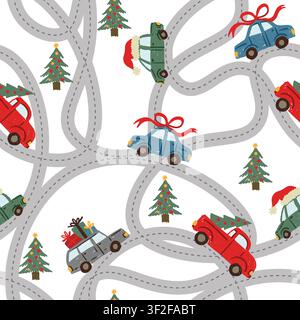 Christmas Cars Isolated Style Pattern with Holiday Vehicles Trees Gifts and Winter Decor Stock Vector