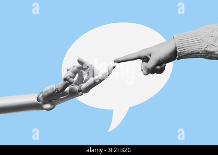 White robot hand of a cyborg pointing a finger at a child -  isolated on free blue background. Stock Photo