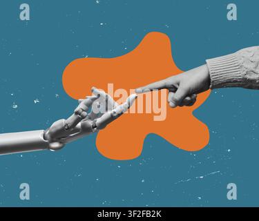 White robot hand of a cyborg pointing a finger at a child -  isolated on free blue background. Stock Photo