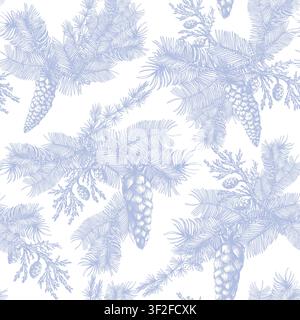 Christmas Pine Toile Seamless Pattern with Vintage Cones Branches Botanical Winter Holiday Design Stock Vector