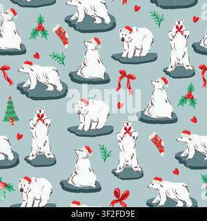 Christmas bear seamless pattern with polar bears ribbons holly festive winter background illustration Stock Vector