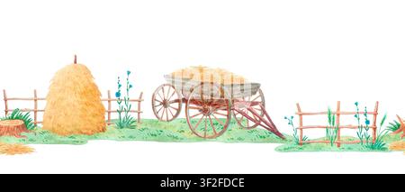 Watercolor farm seamless border with vintage cart full of hay, rustic haystack and wooden fence on green grass. Hand drawn country cottagecore repeati Stock Photo