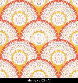 Dashed lines in scallop shapes, seamless vector pattern, abstract geometric background, boho ethno design with concentric semicircles and circles with Stock Vector