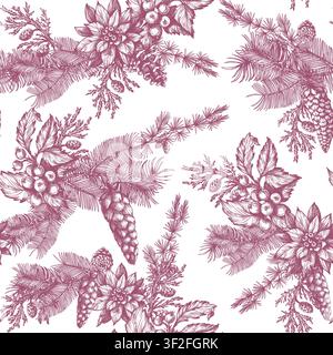 Christmas Pine Toile Seamless Pattern with Vintage Cones Branches Botanical Winter Holiday Design Stock Vector