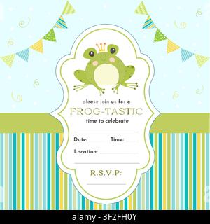 Birthday invitation template with a cute frog, a striped background, and a bunting garland. Stock Vector