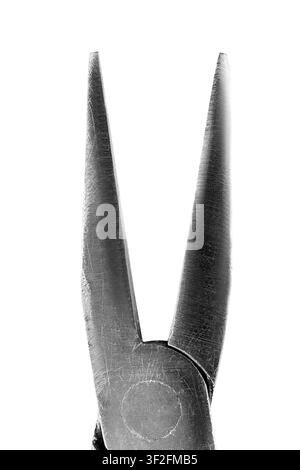 Old scratched long nose pliers closeup isolated over white Stock Photo