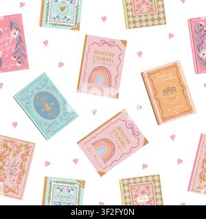 Cute seamless vector pattern featuring books and reading on a white background. Hand-drawn flat-style illustrations of books, notebooks, a reading journal, and hearts. Wrapping paper for bookstores, libraries, or book clubs. Stock Vector