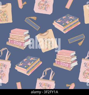 A cute, seamless vector pattern featuring books and reading on a dark blue background. Includes school and study supplies, stacks of books, and bookmarks. Flat-style illustrations. Design suitable for bookstores, libraries, and stationery products. Stock Vector