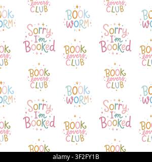Seamless vector pattern themed around reading, white background. Colorful, playful phrases and lettering related to books. For a book club, library, or bookstore Stock Vector