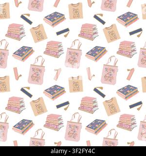 A cute, seamless vector pattern featuring books and reading on a white background. Includes school and study supplies, stacks of books, and bookmarks. Flat-style illustrations. Design suitable for bookstores, libraries, and stationery products. Stock Vector