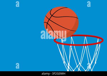 Vector illustration of a basketball about to score in a hoop against a blue background. Sports concept with copy space, ideal for basketball tournamen Stock Vector