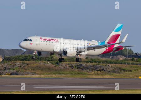 Eurowings Airbus a320 landing in Helsinki Airport, Finland Stock Photo
