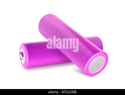 Alkaline batteries in magenta color isolated on white Stock Photo