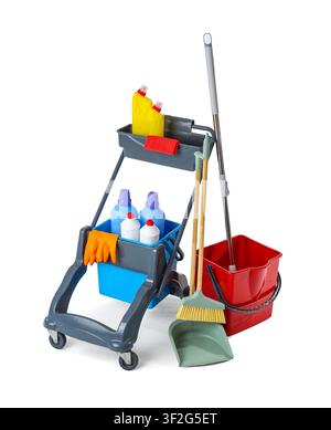 Professional cleaning cart with various supplies including detergents mop broom and bucket isolated on a white background Stock Photo