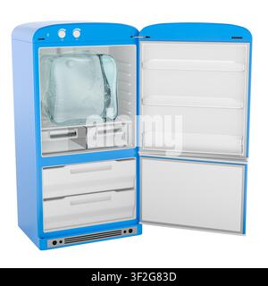 Open refrigerator with giant ice cube, cooling and freezing concept. 3D rendering isolated on white background Stock Photo