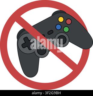 No Video Games Allowed UI Illustration – Crossed Out Game Controller Prohibition Sign Stock Vector