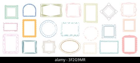 Set of hand drawn kid photo frame. Postage scallop edge collection. Vector postal stamp on different form. Template design for text or illustrations. Stock Vector