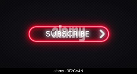 Neon red glowing Subscribe button with arrow on dark transparent background. Bold rounded UI element for YouTube channel, streaming platform or web Stock Vector