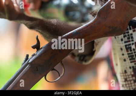 Close-up of antique flintlock rifle mechanism, Odumase Krobo, Ghana Stock Photo