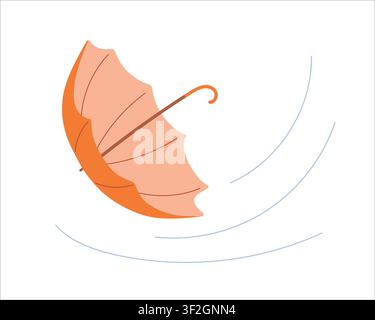 Strong wind carrying away an orange umbrella. Flying umbrella caught in gusty weather. Dramatic autumn scene. Vector illustration. Stock Vector