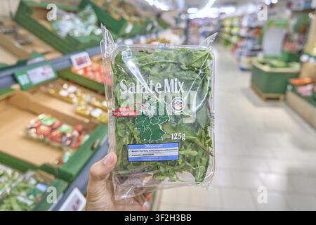 Salad mix in plastic packaging 125 grams, hand holding packaged salad mix in a supermarket, shop, fresh vegetables in the supermarket, vegetable rack Stock Photo