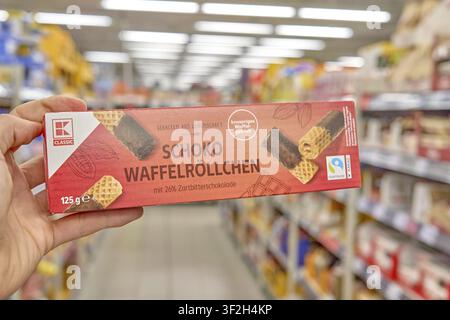 K-Classic, chocolate waffle rolls, chocolate waffles, packaging of chocolate waffle rolls with dark chocolate shown in supermarket, cookies, supermark Stock Photo