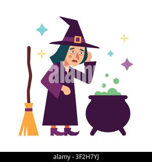 Tired witch standing next to bubbling cauldron and broomstick vector illustration Stock Vector