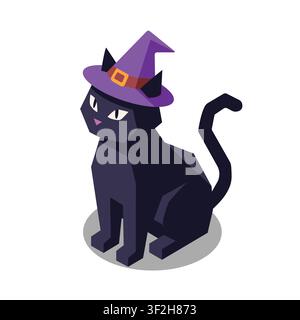 Black cat wearing purple witch hat isometric vector illustration Stock Vector