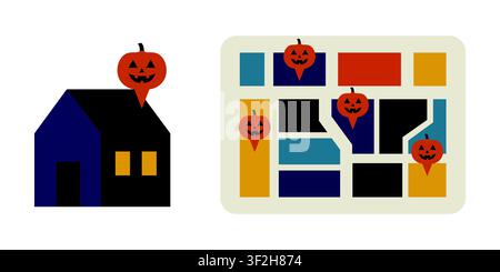 Halloween neighborhood map with pumpkin pins and house illustration Stock Vector