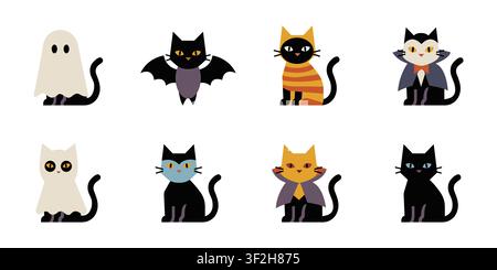 Black cat Halloween costumes illustration set with ghost, vampire, and bat characters Stock Vector