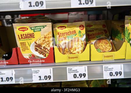 Maggi, Various soup and lasagna products on a supermarket shelf, Penny food discounter Stock Photo