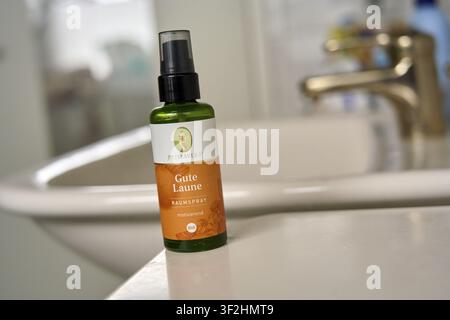 Primavera room spray bottle placed on vanity, brand Primavera Stock Photo