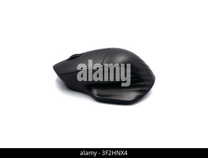 Modern black ergonomic wireless computer mouse on a white background Stock Photo