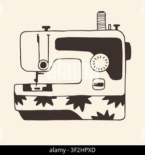 Vector illustration of a modern electric sewing machine with a thread spool on top and floral decorations. Hand drawn monochrome line art icon for a Stock Vector