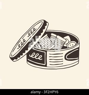 Doodle vector art of an open round tin cookie box filled with sewing spools, buttons, and needles. Monochrome icon for a nostalgic home sewing kit Stock Vector