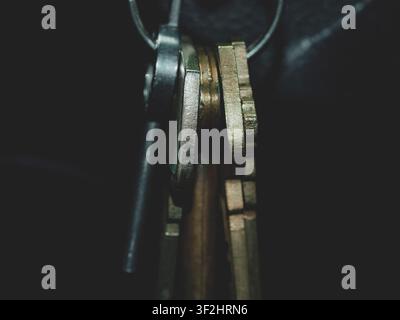 Macro close up shot of a bunch of metallic keys hanging together on a split keyring against a dark blurred background Stock Photo