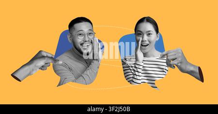 Happy Asian Man And Woman Engaging In Conversation, Smiling, Communication Concept Stock Photo