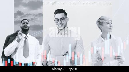Business Team Of Three Professionals Smiling And Collaborating In Office, Business Concept Stock Photo