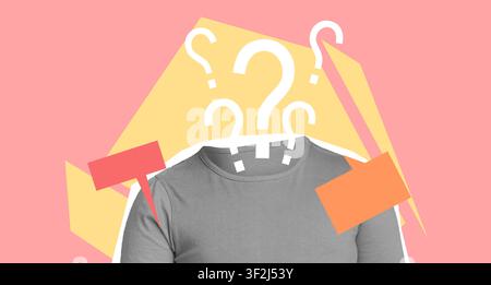 Unrecognizable Gray Shirt Wearing Individual With Question Marks On Colorful Background, Creative Concept Stock Photo